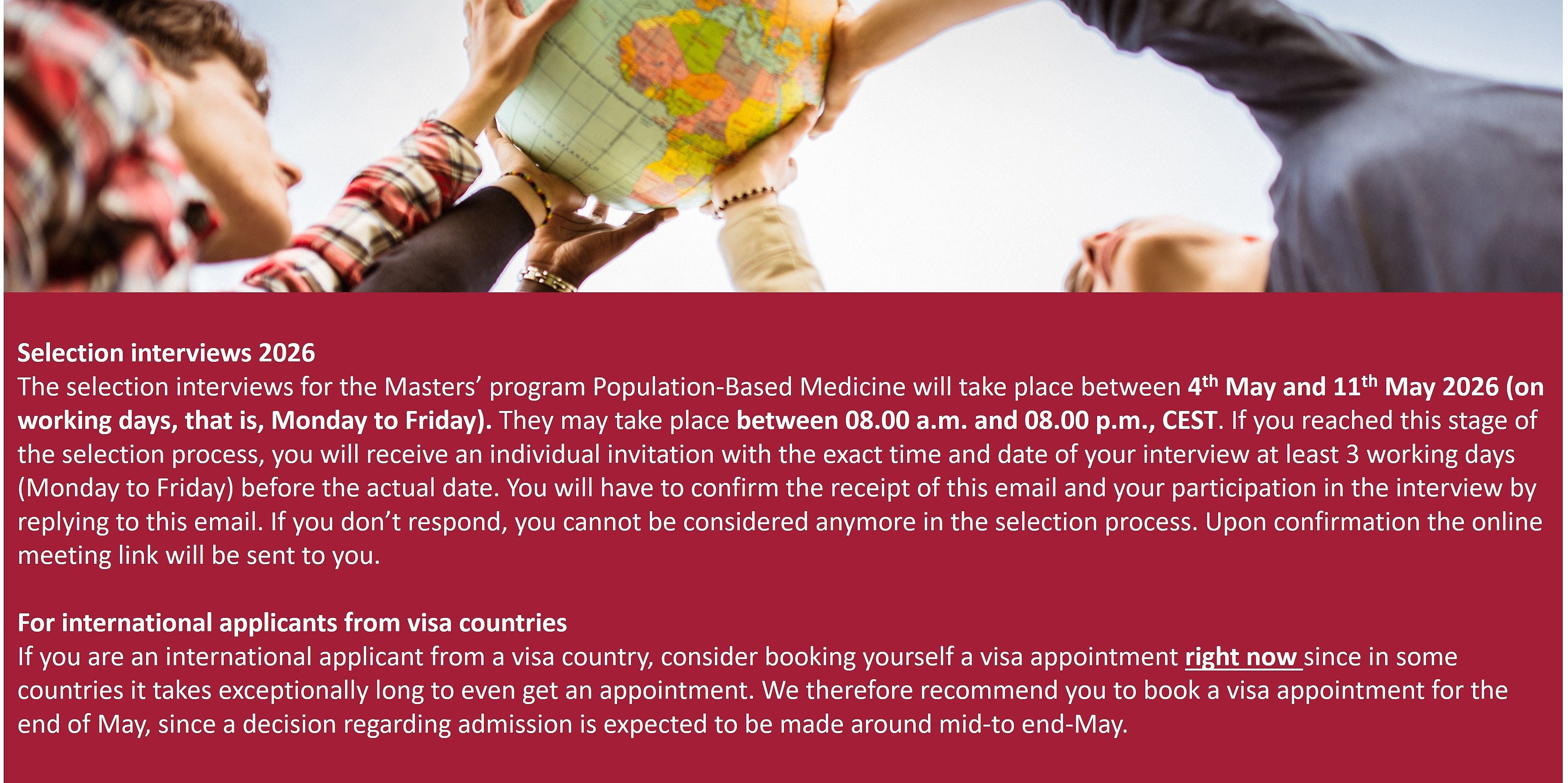 Five persons hold a globe and look up into the sky. Text about the selection interviews 2026 in a red square. This text is also available on the right-hand side of this webpage.