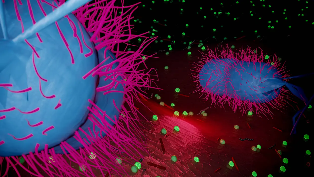 E. coli bacteria invade a new environment. Some members of the microbial community (green) recognize the invaders and initiate defense mechanisms to stop the invasion by E. coli. Exemplary visualization.
