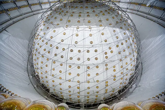 Photo of the white, spherical detector