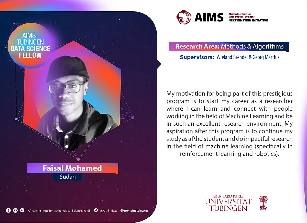 Portrait von AIMS Fellow Faisal Mohamed und einer Beschreibung warum er am Programm teilnimmt