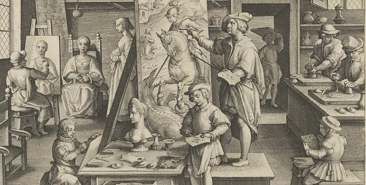 An early modern woodcut depicting artists collaborating in a workshop.