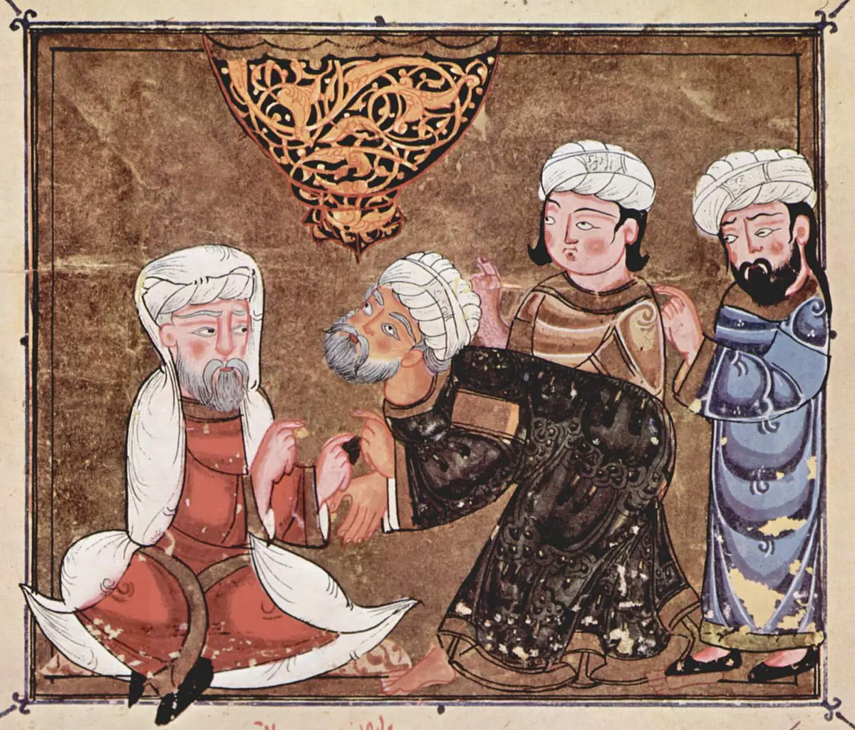 Sitzender Richter (qāḍī) in einer Handschrift der Maqāmāt, 734 AH/ 1334 AD (Nationalbibliothek Wien, A. F. 9, fol. 30v)