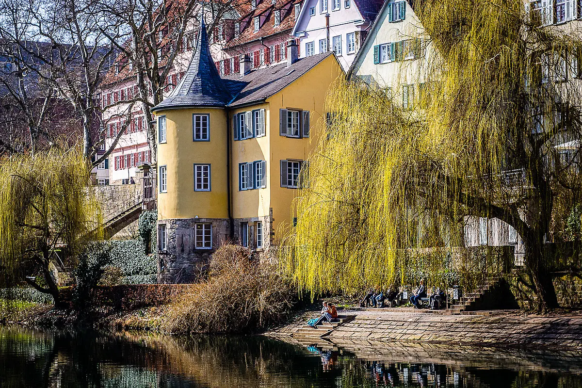 Der Hölderlin-Turm am Neckar, umgeben von Bäumen
