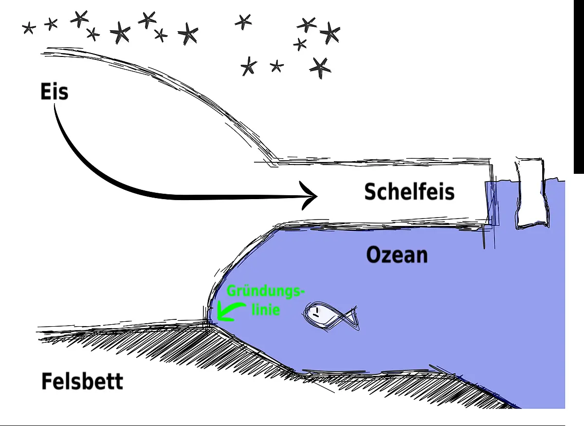 Das Eis des antarktischen Eisschildes fließt über die Auslassgletscher in Richtung Ozean. An der Gründungslinie zwischen Antarktis und Ozean verlässt das Eis festen Grund. Hier bilden sich Eisschelfe, sie ragen mindestens 2 Meter über dem Meer heraus. Brechen Stücke vom Eisschelf ab, entstehen Eisberge, man spricht vom Eisberg-Kalben.