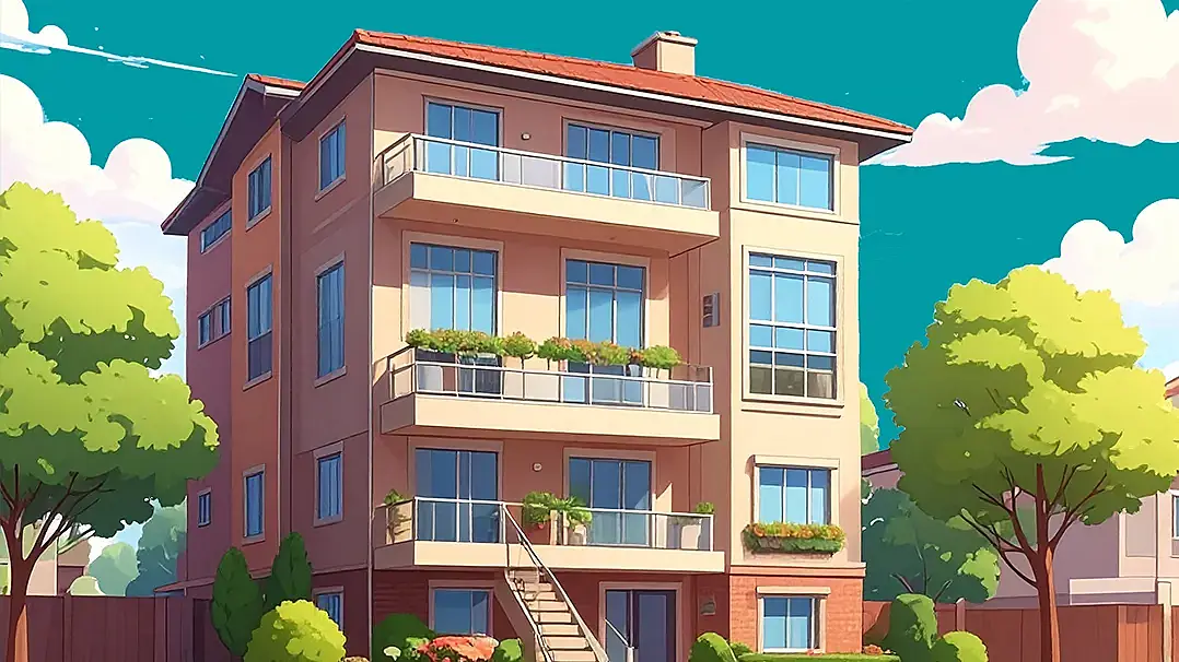 Illustration: mehrstöckiges Wohnhaus mit Vorgarten und Schriftzug "Wohnraum für Studierende gesucht: Ein gemeinsamer Aufruf von Stuwe, Unis und Hochschulen"