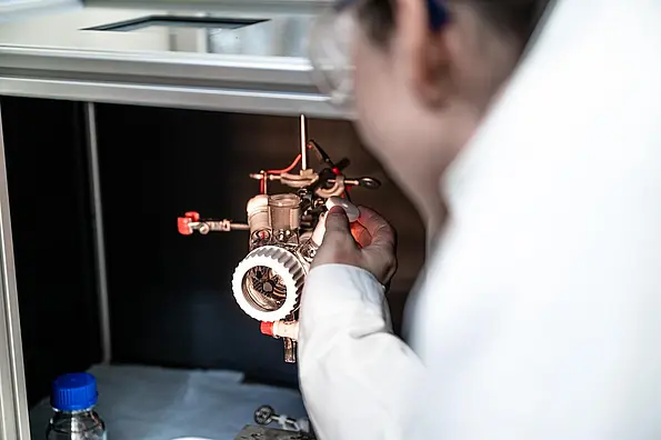 Scientist making adjustments to the Schlenk cell by hand.
