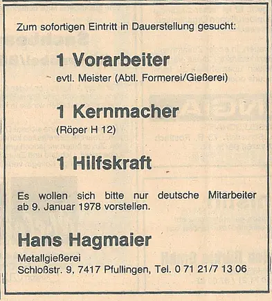 Stellenausschreibung von 1978, die ausdrücklich nur deutsche Bewerber fordert