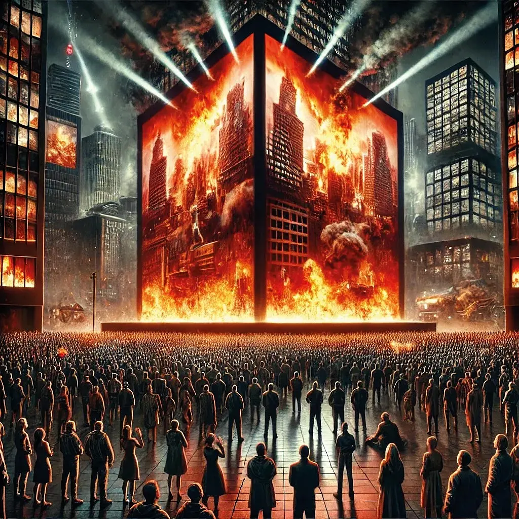 A city burns on huge screens, thousands of people stand in front of the screen and watch.