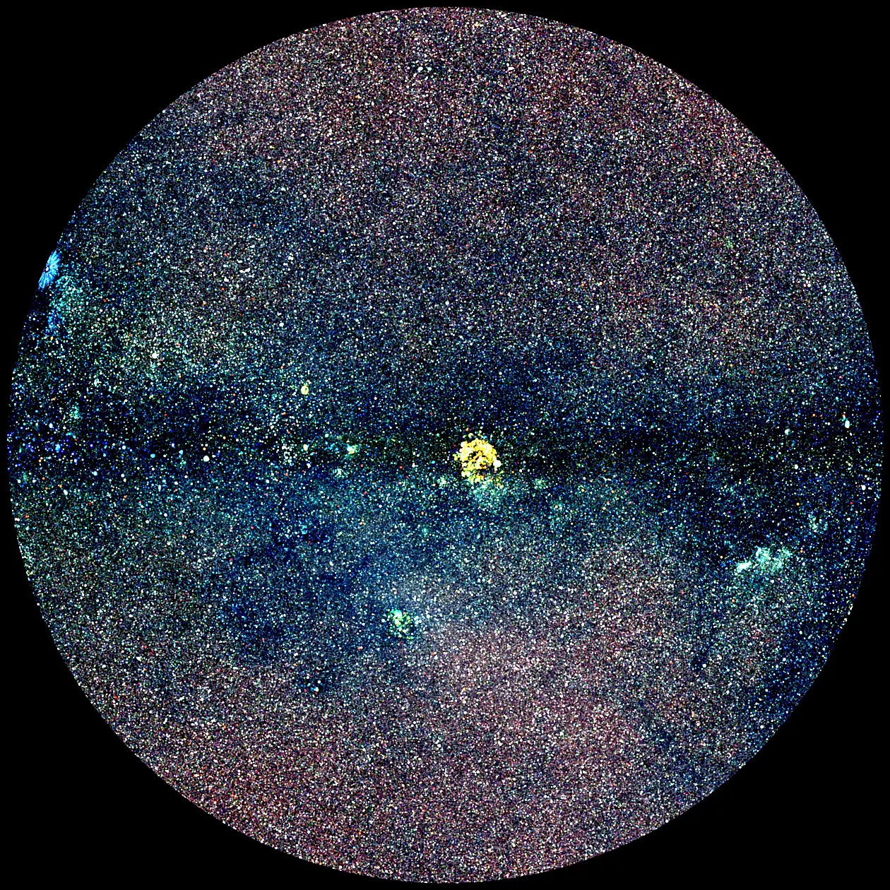 Das Bild zeigt Röntgenquellen in der westlichen Hemisphäre des Himmels. Die galaktische Ebene verläuft horizontal durch die Bildmitte. 