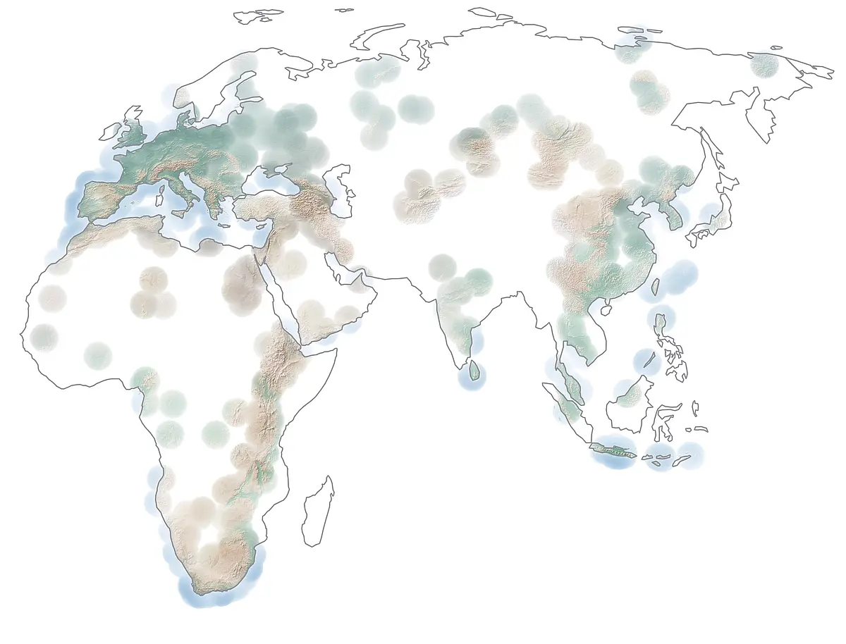 The majority of the prehistoric world remains uncharted, as shown by the blank areas of this map. This visualization is based on a Kernel Density Estimate of assemblages in ROAD. Sites with higher densities of assemblages appear more intense in color. Oceania is not within ROAD’s scope.