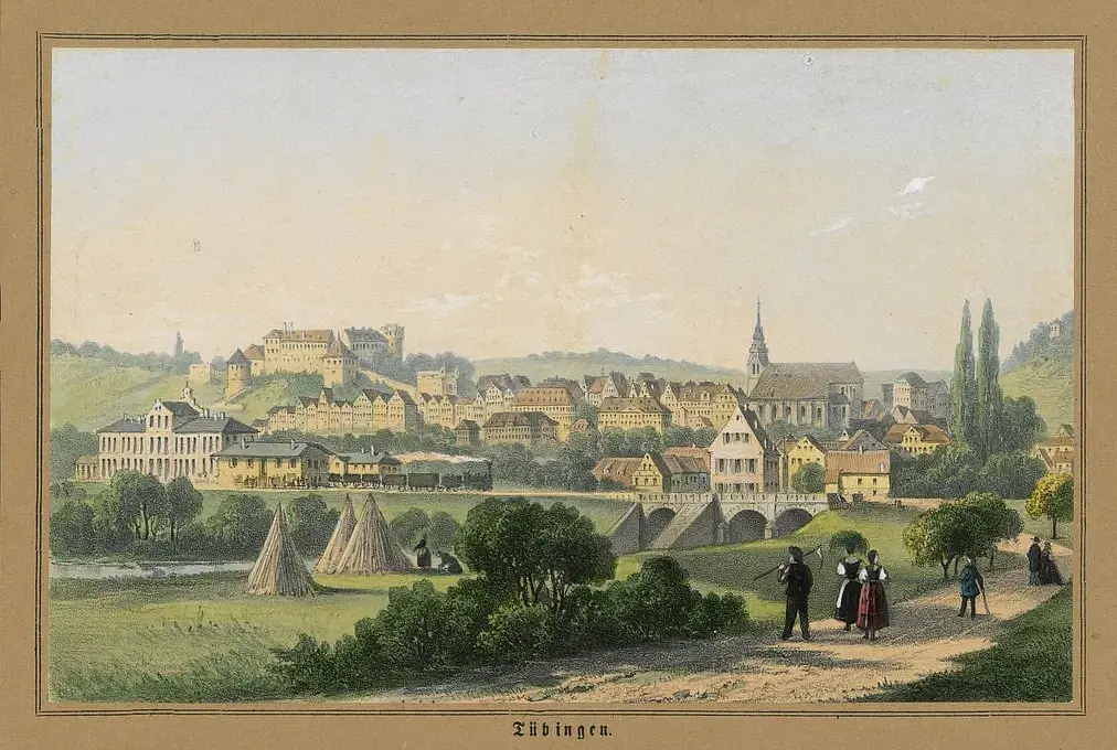 Tübingen: Ansicht von Süden mit dem Bahnhof, ca. 1861.