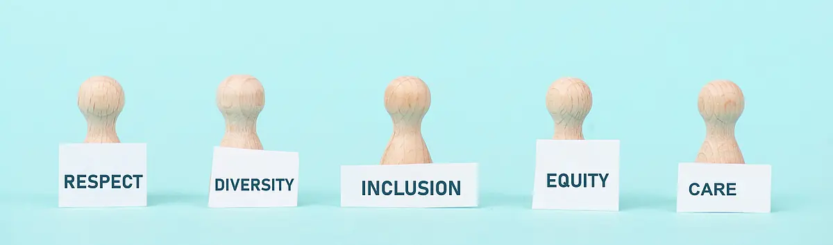 Dekoratives Bannerbild mit neutralen Holzfigurendie die auf Schildern Respect, Diversity, Inclusion, Equity, Care zeigen