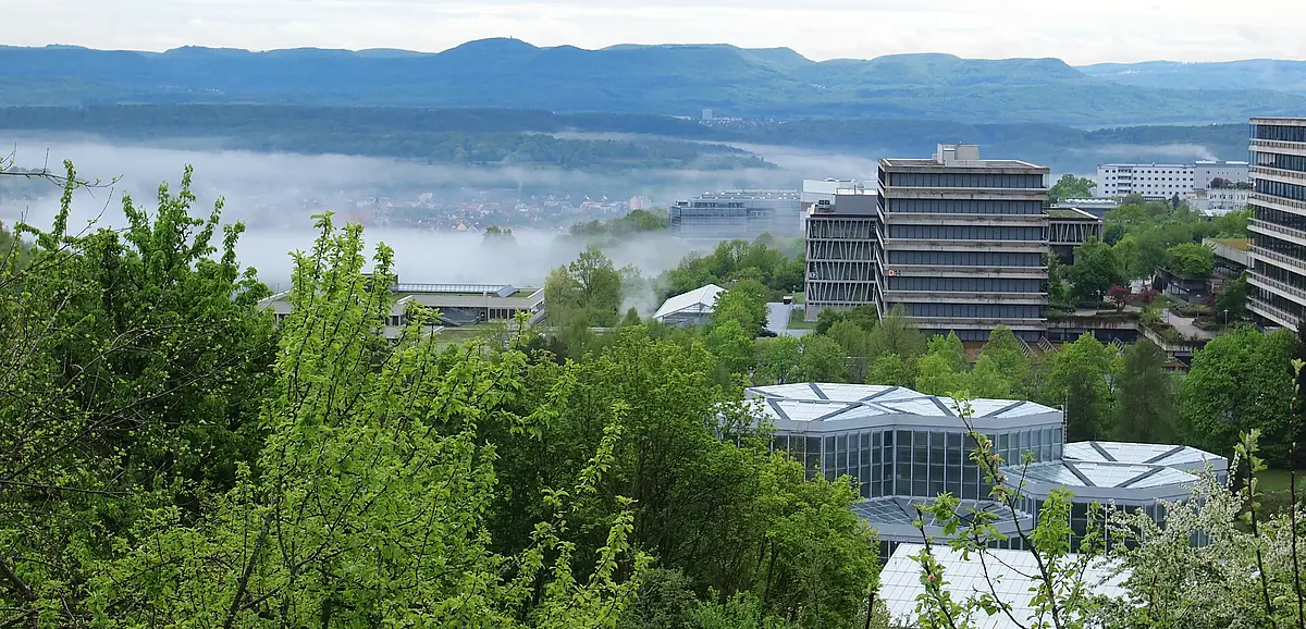 Blick vom Arboretum auf die darunter liegenden Gewächshäuser bis hin zum Albtrauf