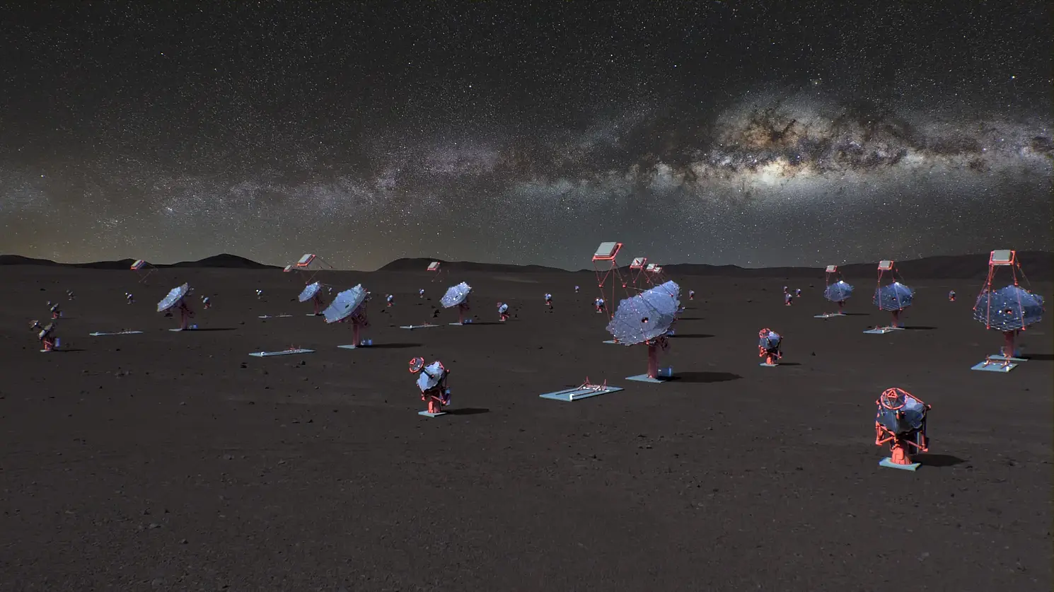 A diagram of the Cherenkov Telescope Array Observatory southern site in the Atacama Desert with several small and medium-sized telescopes