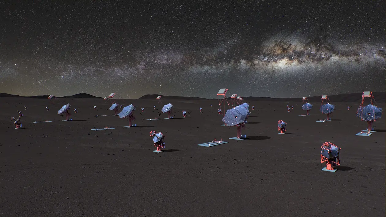 Grafische Darstellung des Cherenkov Telescope Array Observatory (CTAO)-Südstandorts in der Atacama-Wüste.