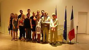 Die Delegation der deutsch-französischen Studiengänge TübAix und AIFA mit ihren Programmreferenten Antje Janssen (rechts im Bild) und Thomas Keller (zweiter von rechts). Fotos: Antje Janssen