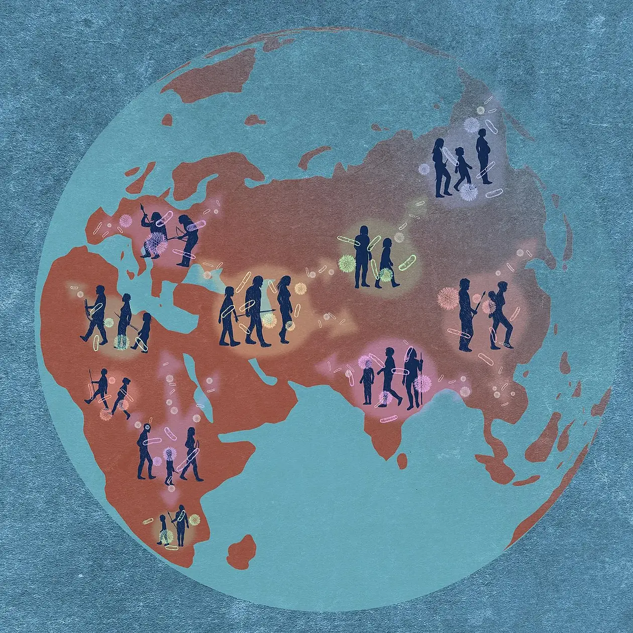 Globe showing small groups of people at various locations, with drawings of gut microbes in the background. Arrows point from each group to other groups.