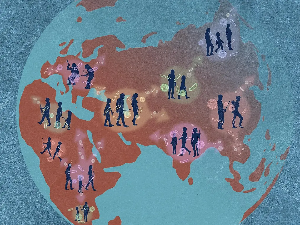 Globus, bei dem an verschiedenen Stellen Kleingruppen von Menschen zu sehen sind, die mit Zeichnungen von Darmmikroben hinterlegt sind. Pfeile verweisen von jeder Gruppe zu anderen Gruppen.