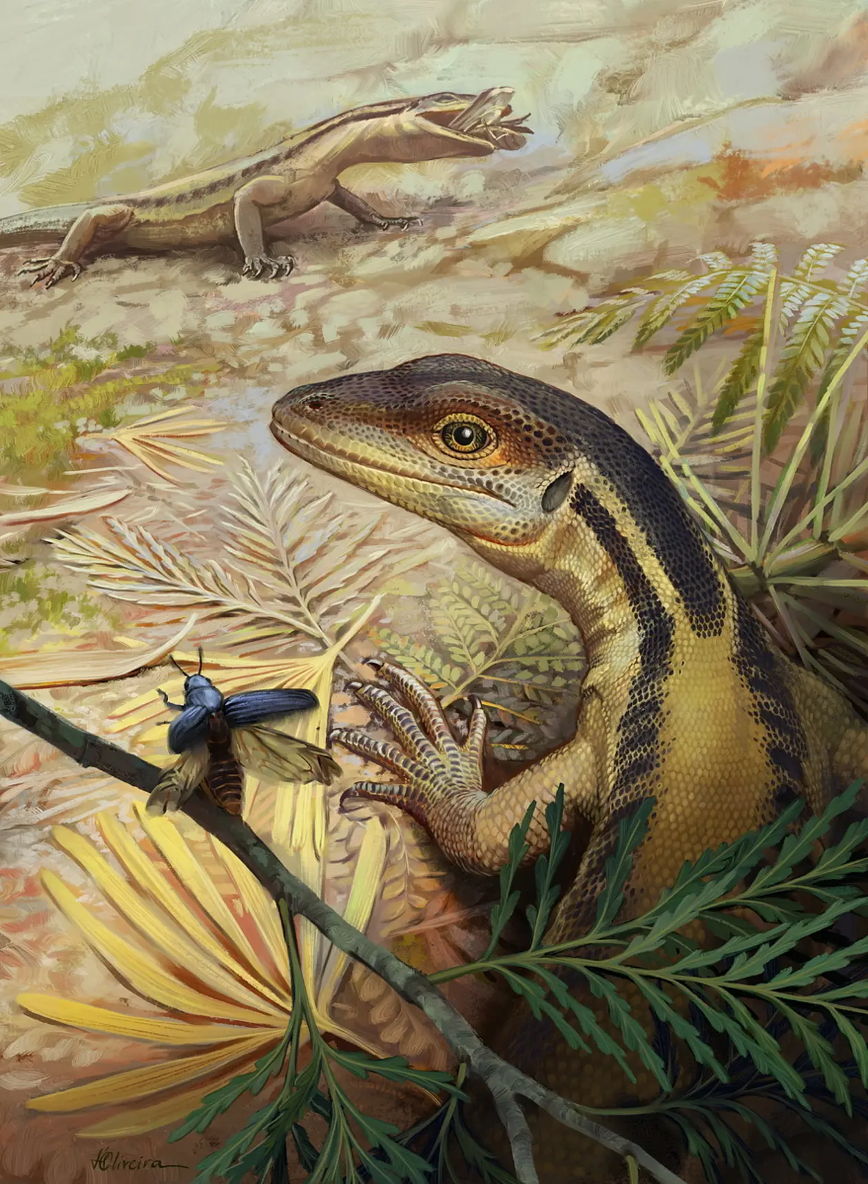 Hypothetical reptile ancestor hearing the buzz of an insect with the help of its tympanic membrane. 
