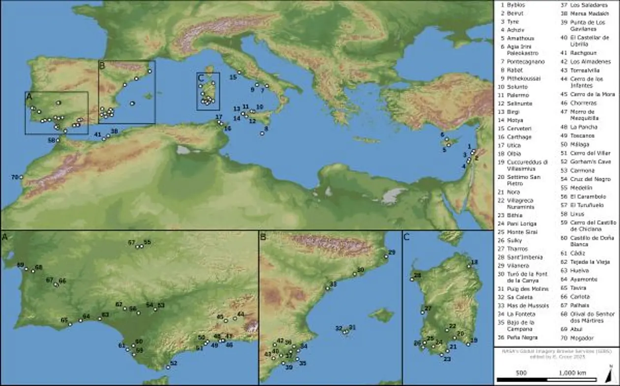 Map showing the distribution of “Phoenician oil bottles” across the Mediterranean and Atlantic regions