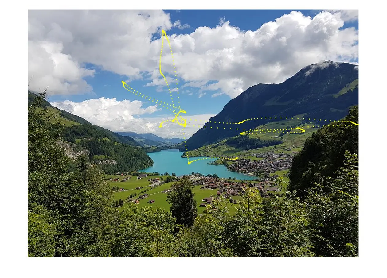 Clouds, lake, and mountainside are the low spatial frequency parts of this scene. The superior colliculus lets gaze travel efficiently across these features (yellow dots), relegating the leafy, high-frequency foreground for later inspection.