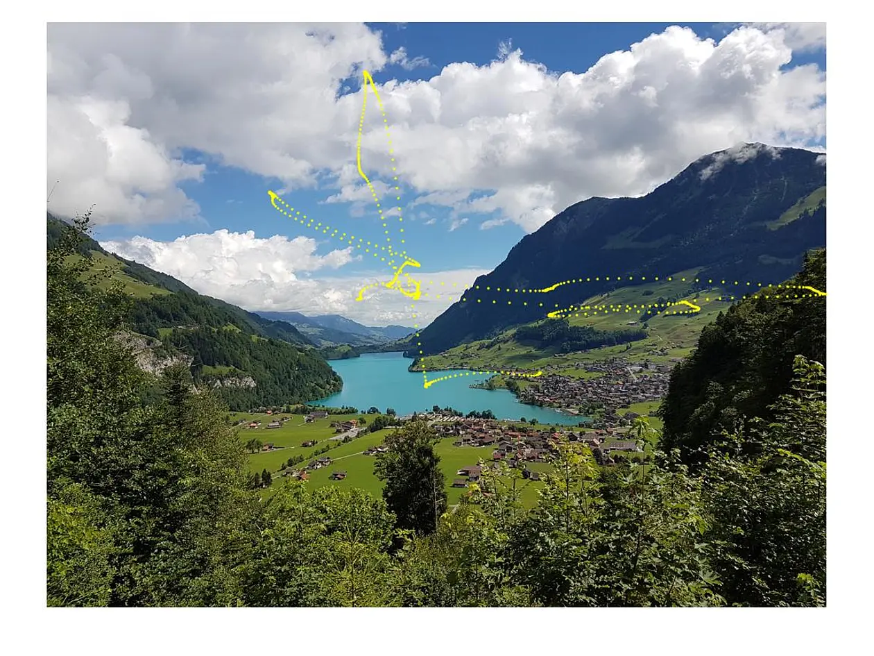 Wolken, See und Berg in dieser Szene haben eine niedrige Raumfrequenz. Die Blicksteuerung im Colliculus Superior lässt unseren Blick zuerst diese Teile der Szene schnell erfassen (gelbe Punkte), während der detailreiche Vordergrund zunächst ausgespart wird.