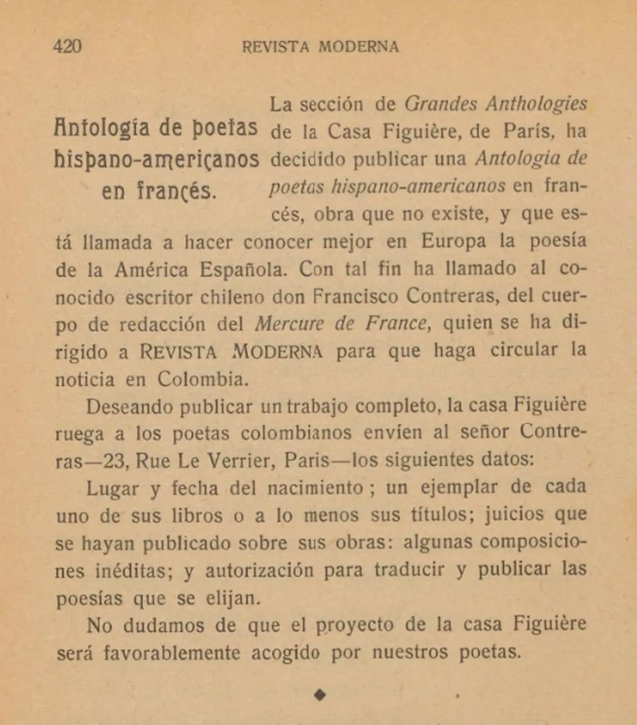 Zeitungsausschnitt auf Spanisch aus der Zeitschrift "Revista Moderna"