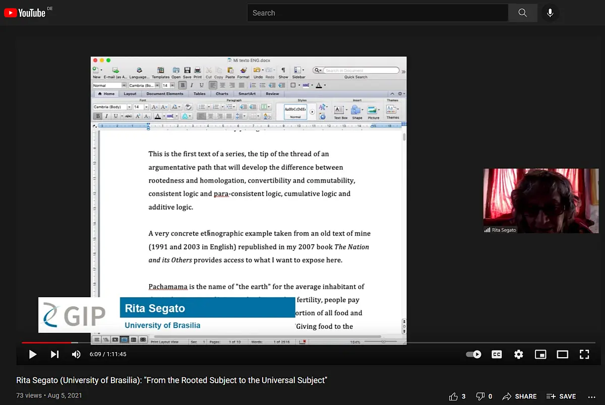 Written page of a writing software, next to it small a female speaker in front of a webcam
