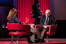 Umberto Eco im Gespräch mit Felicitas von Lovenberg. Foto: Friedhelm Albrecht