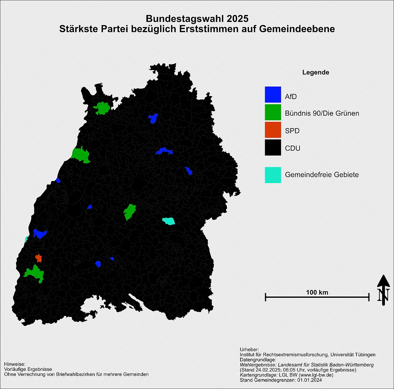 Die Karte zeigt die stärkste Partei nach Erstimmen in Baden-Württemberg auf Gemeindeebene.