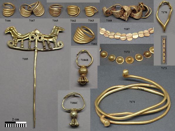 Photo of various gold objects, including several hair ornaments, a pin, necklaces and a torque 