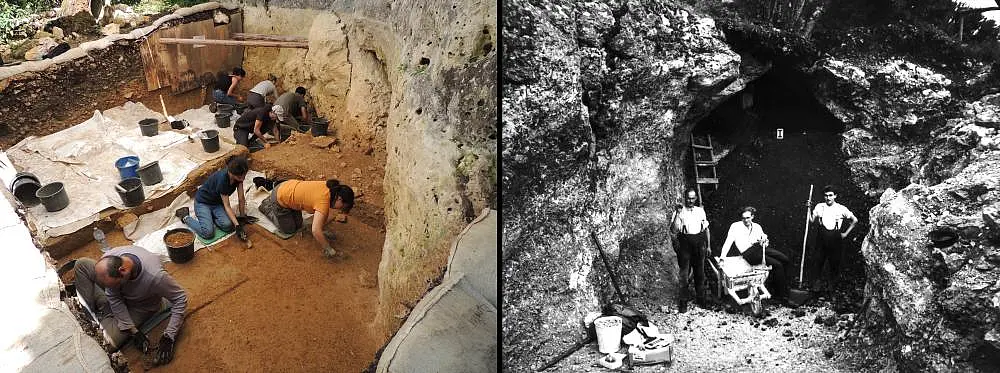 Links sind auf einem Farbfoto Archäologinnen und Archäologen kniend auf dem Boden bei Ausgrabungen in der Langmahdhalde zu sehen. Auf dem Schwarzweißfoto rechts stehen drei Forscher vor der Vogelherdhöhle.
