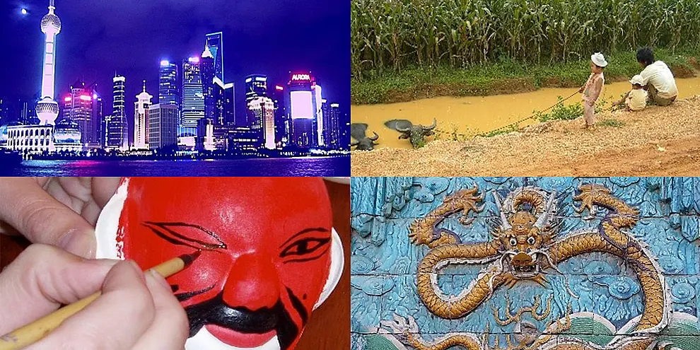 Bildcollage: Skyline von Shanghai, Wasserbüffel in Yunnan, Theatermaske und Drachenwand in der Verbotenen Stadt