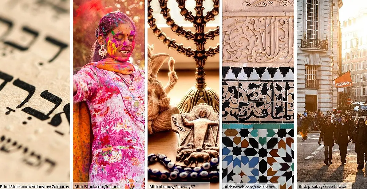 Bildcollage, zusammengestellt aus fünf länglichen Spalten nebeneinander. Von links nach rechts: Auszug aus hebräischer Schrift, der Name Abraham ist zu sehen. Tanzende Frau beim hinduistischen Holi-Fest. Christliche, islamische, jüdische, hinduistische Symbolgegenstände. Mosaikmauer Koranschule Marokko mit arabischem Schriftzug. Menschenmenge in einer Stadt.