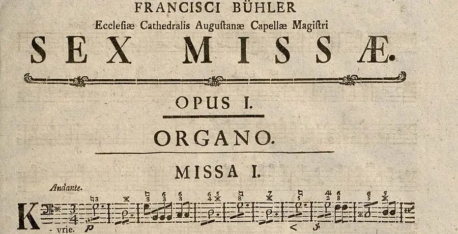 Beginn der Orgelstimme des Kyrie der Missa G-Dur, aus dem Druck: Sex Missae, op. I von Franz Bühler (1760-1823), Augsburg 1829. 