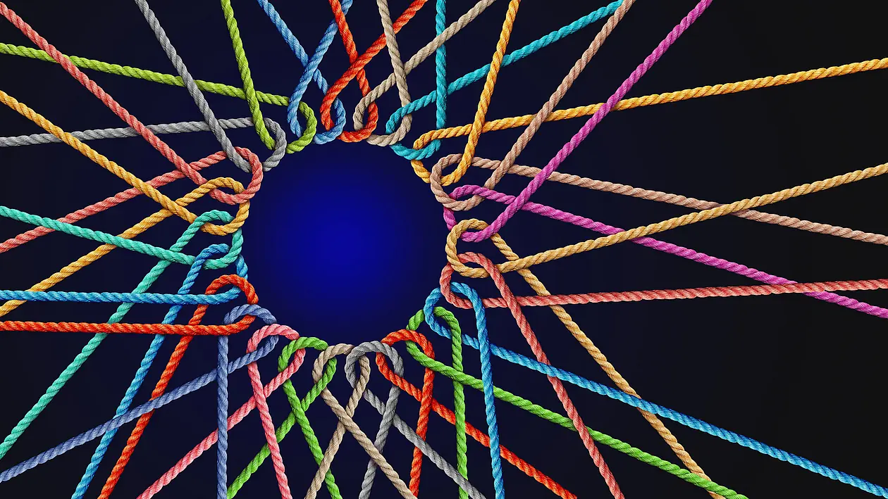 Decorative banner image with a net of colourful strings wove together from a circle in the middle.