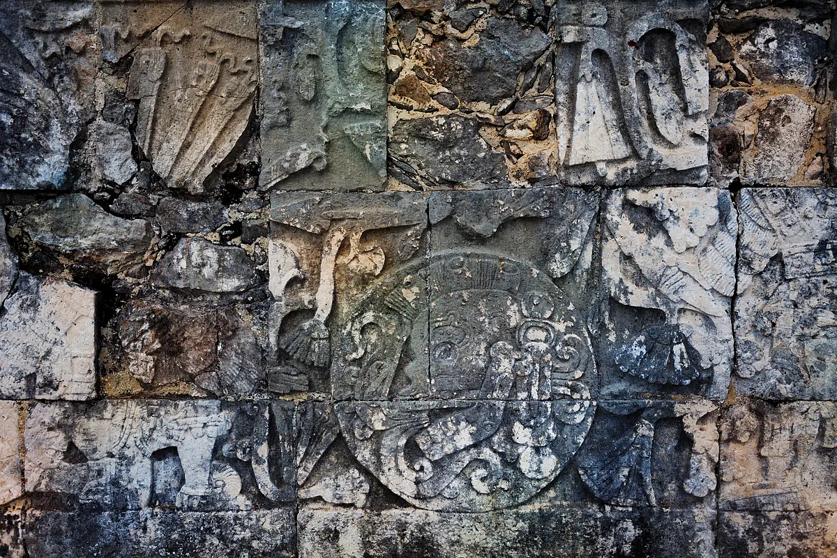 Colored stone blocks with engravings