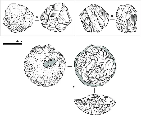 Illustration of old stone tools compared to the current experiment with participants without prior knowledge.
