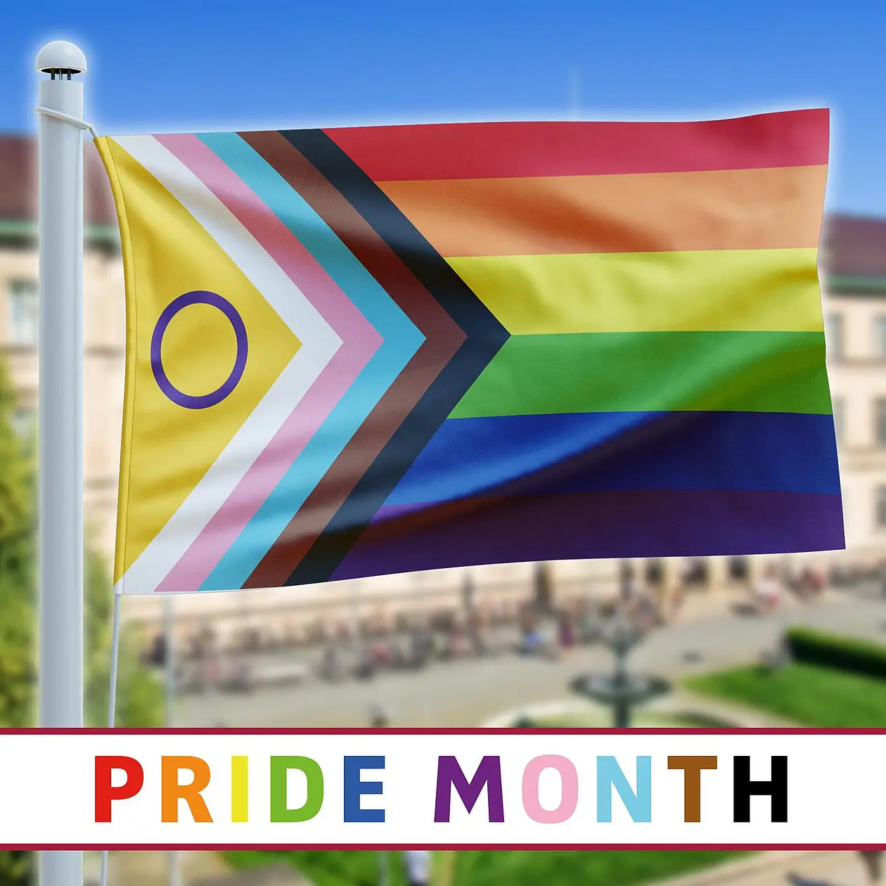 Fotomontage: Pride-Fahne vor dem Hintergrund der Neuen Aula, darunter bunter Schriftzug "Pride Month"
