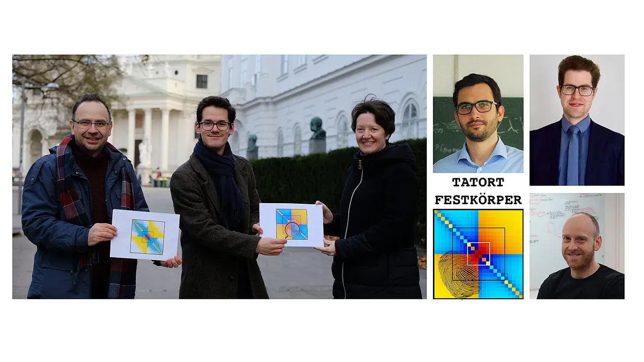 Das Forschungsteam bestehend aus (v.l.n.r.) Alessandro Toschi, Patrick Chalupa, Sabine Andergassen, Matthias Reitner, Thomas Schäfer (oben), Daniel Springer (unten) und der entdeckte Fingerabdruck des Kondoeffekts in den Streuprozessen der Elektronen.