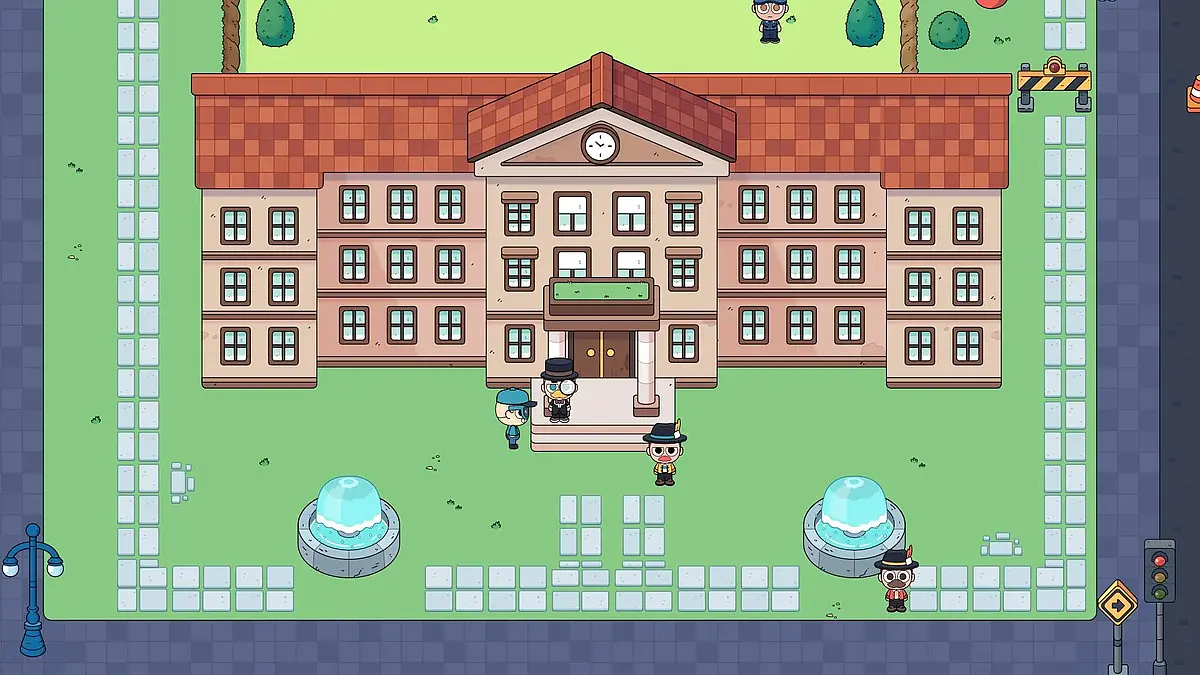 Grafische Darstellung im Computerspiel: Gebäudes Neue Aula mit zwei Springbrunnen im Vordergrund
