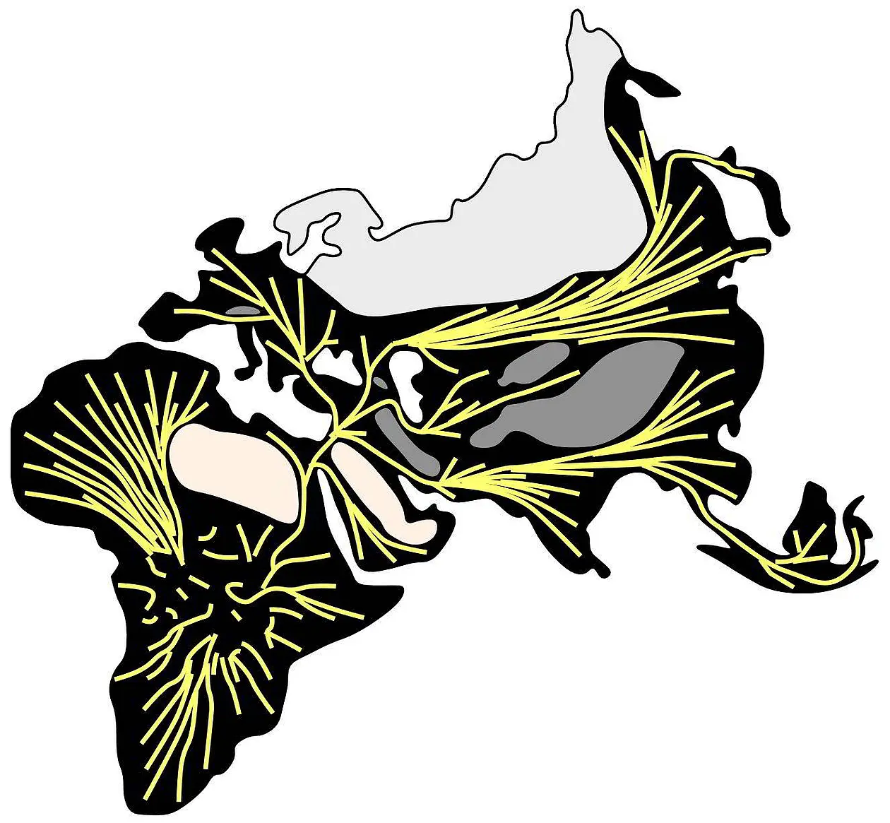 According to repeated simulations, the average migratory routes during the ice ages emanated from Africa. Arctic regions, mountains, and deserts, with very small populations, were excluded from the simulations.
