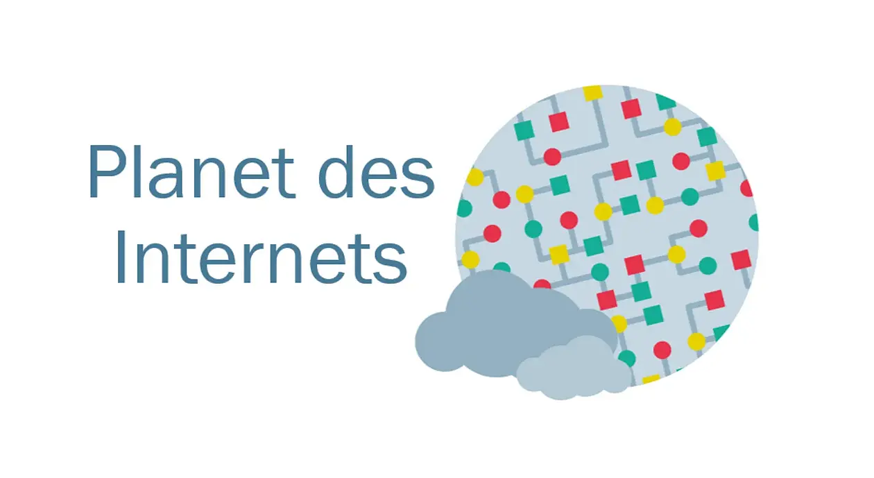 Logo mit Text "Planet des Internets" mit kreisförmiger Grafik einer Platine, davor zwei kleine Wolken