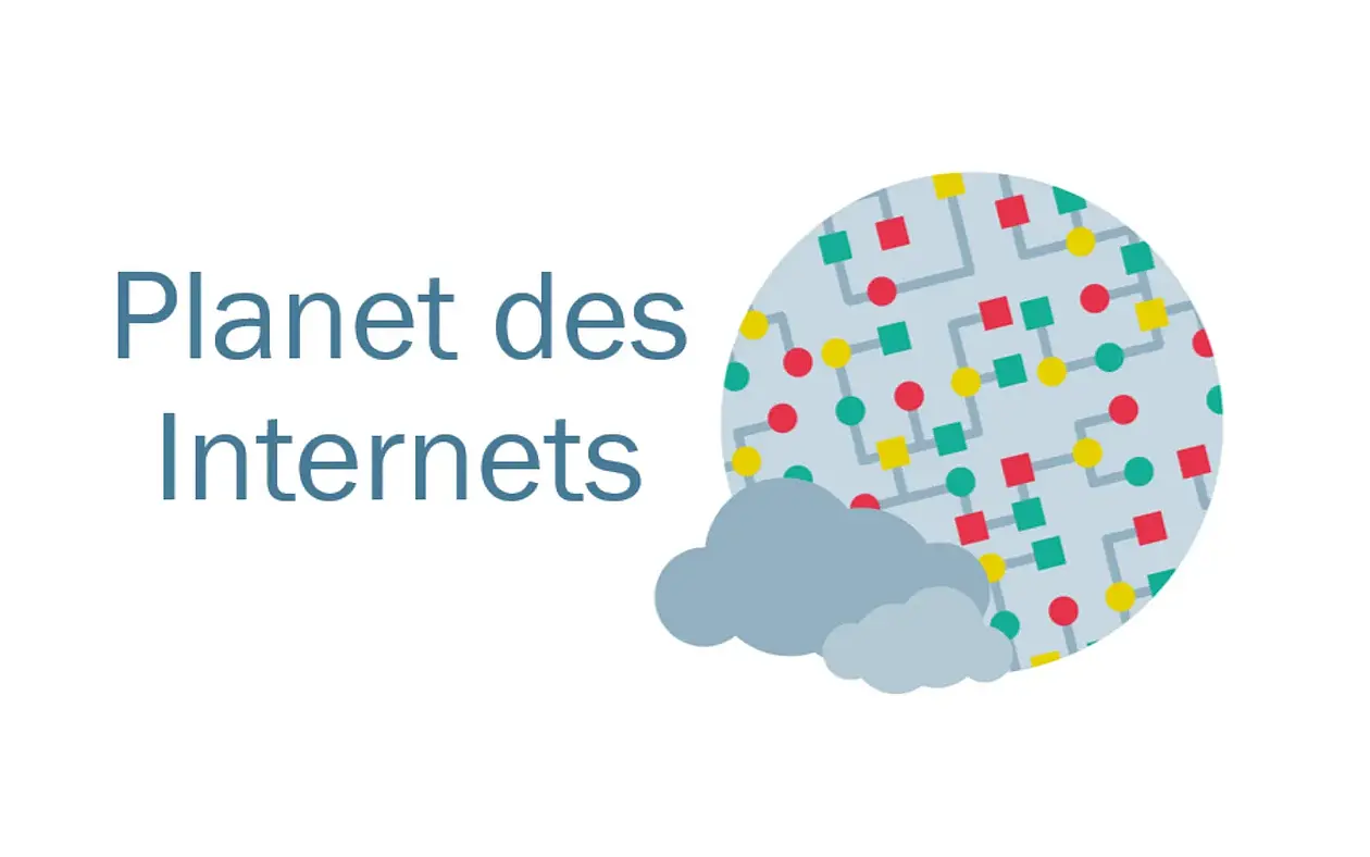 Logo with text ‘Planet of the Internet’ with circular graphic of a circuit board, in front of it two small clouds
