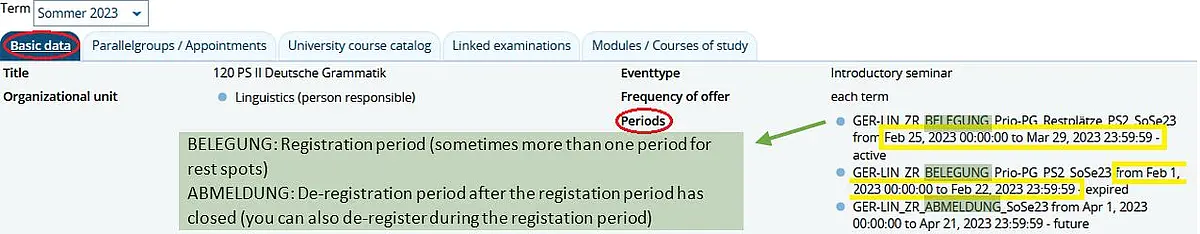 ALMA Course detail view with registration period