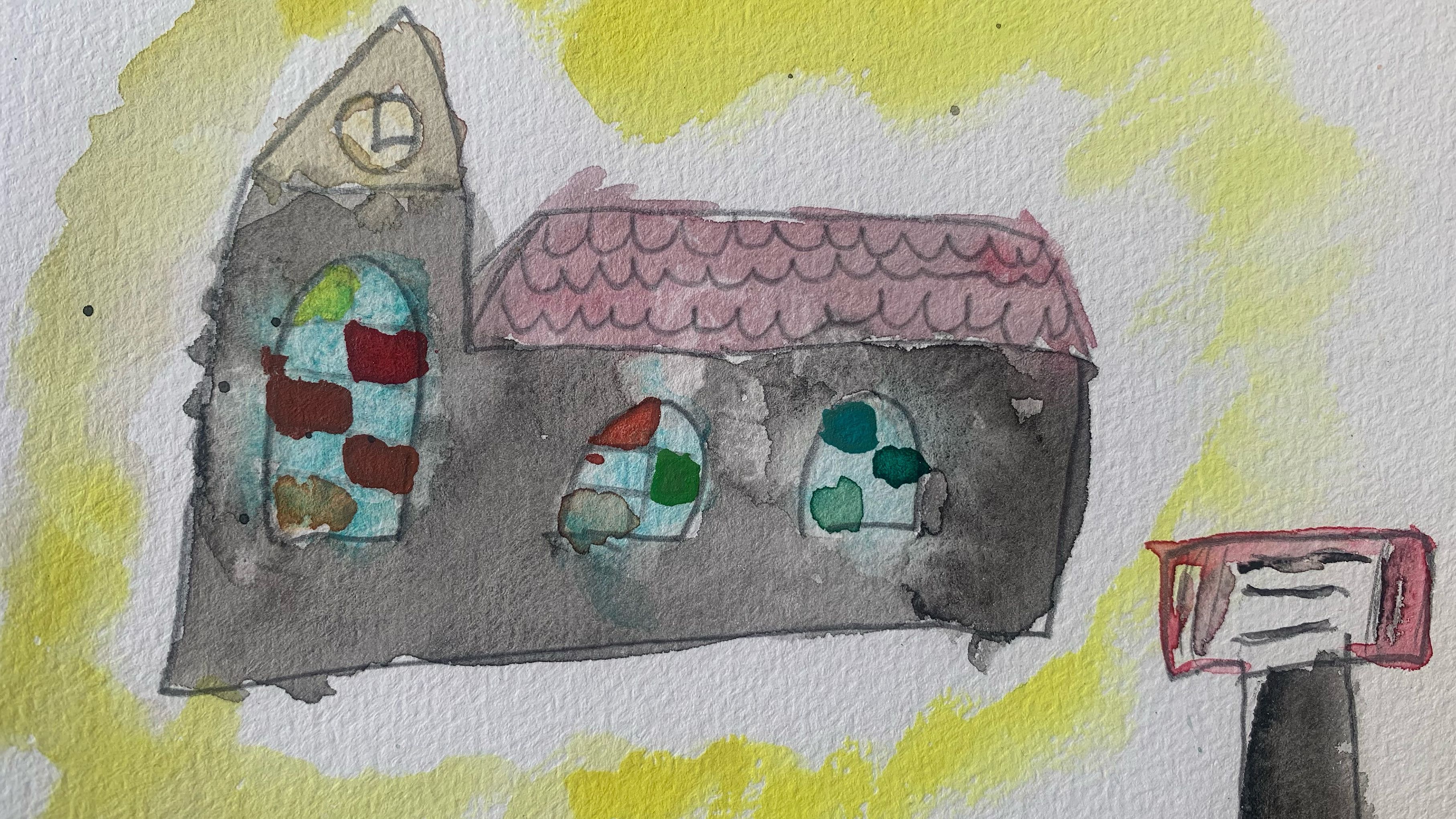 Wasserfarbenzeichnung zum Thema Praktikum. Auf der Zeichung ist eine Kirche mit Eingangsschild im Vordergrund zu sehen