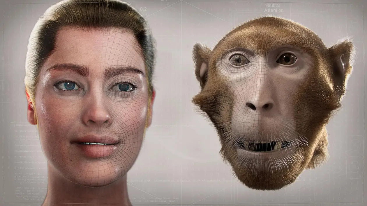 Gesichter eines Menschen- und eines Affenavatars mit jeweils typischem Emotionsausdruck