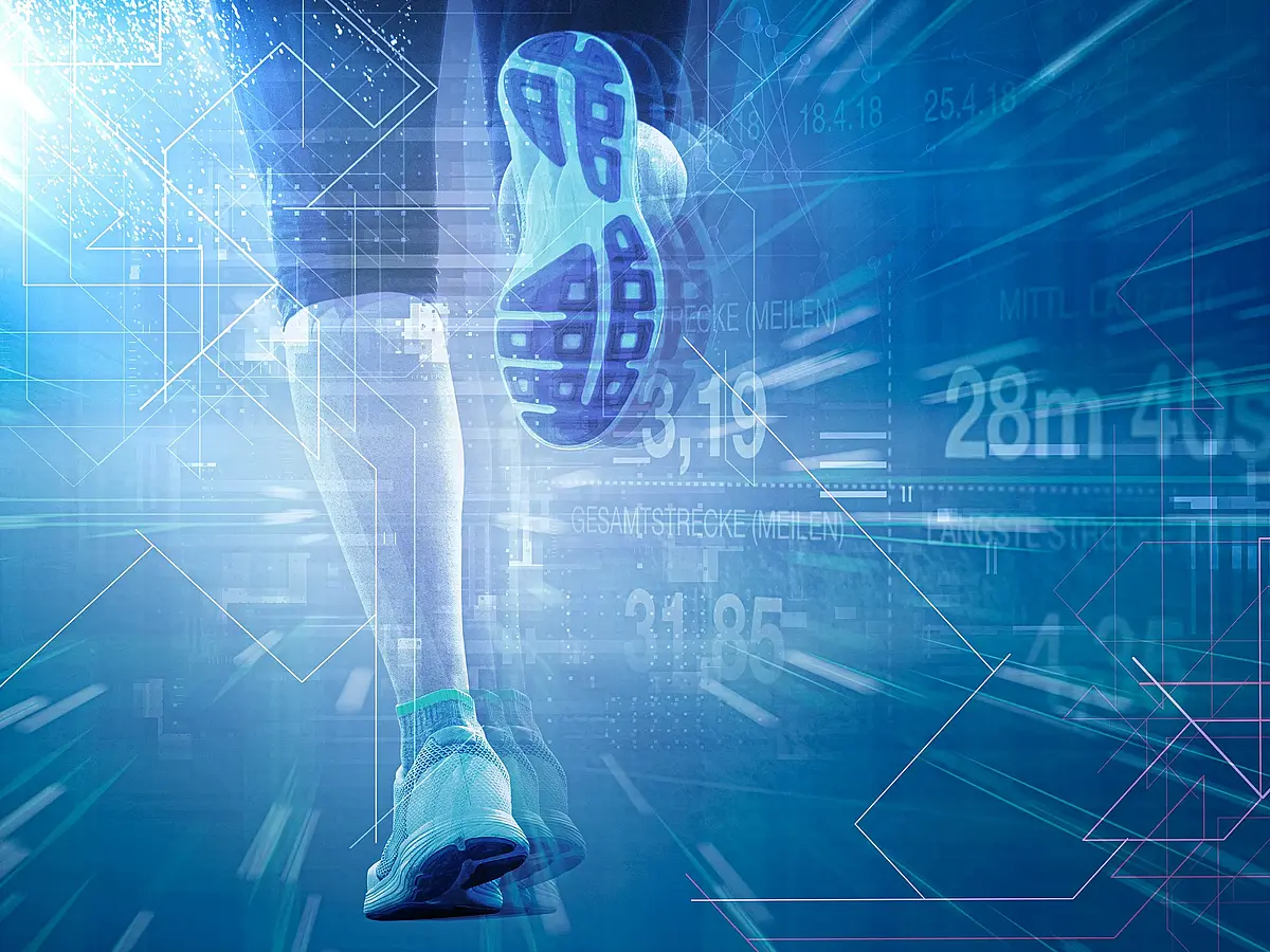 Darstellung eines Läufers vor einem futuristischen Hintergund, der die Datenerhebung symbolisiert