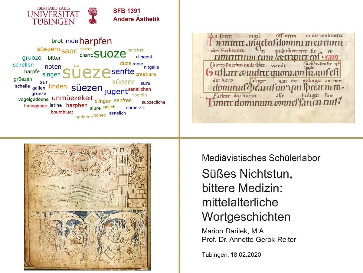 Titelfollie Schülerlabor vom 18.02.2020. Es ist eine Word-Cloud um das Wort "Süeze", eine mittelalterliche Handschrift und ein mittelalterliches Bild zu sehen.oud