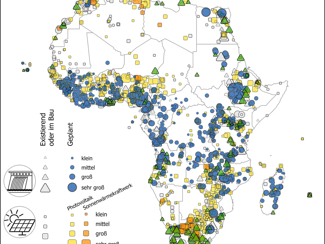 Existierende und geplante erneuerbare Elektrizitätskraftwerke in Afrika. 